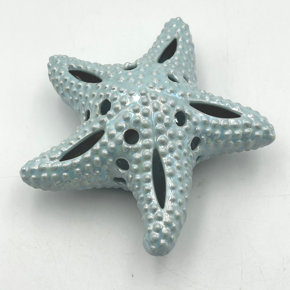 Ceramic Starfish Decor Blue Iridescent 6" Coastal Beach Nautical EUC 6" W x 3" T